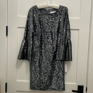 Nicole Miller New York Gun Metal Sequin Velvet Bell Sleeve Cocktail Dress NWT